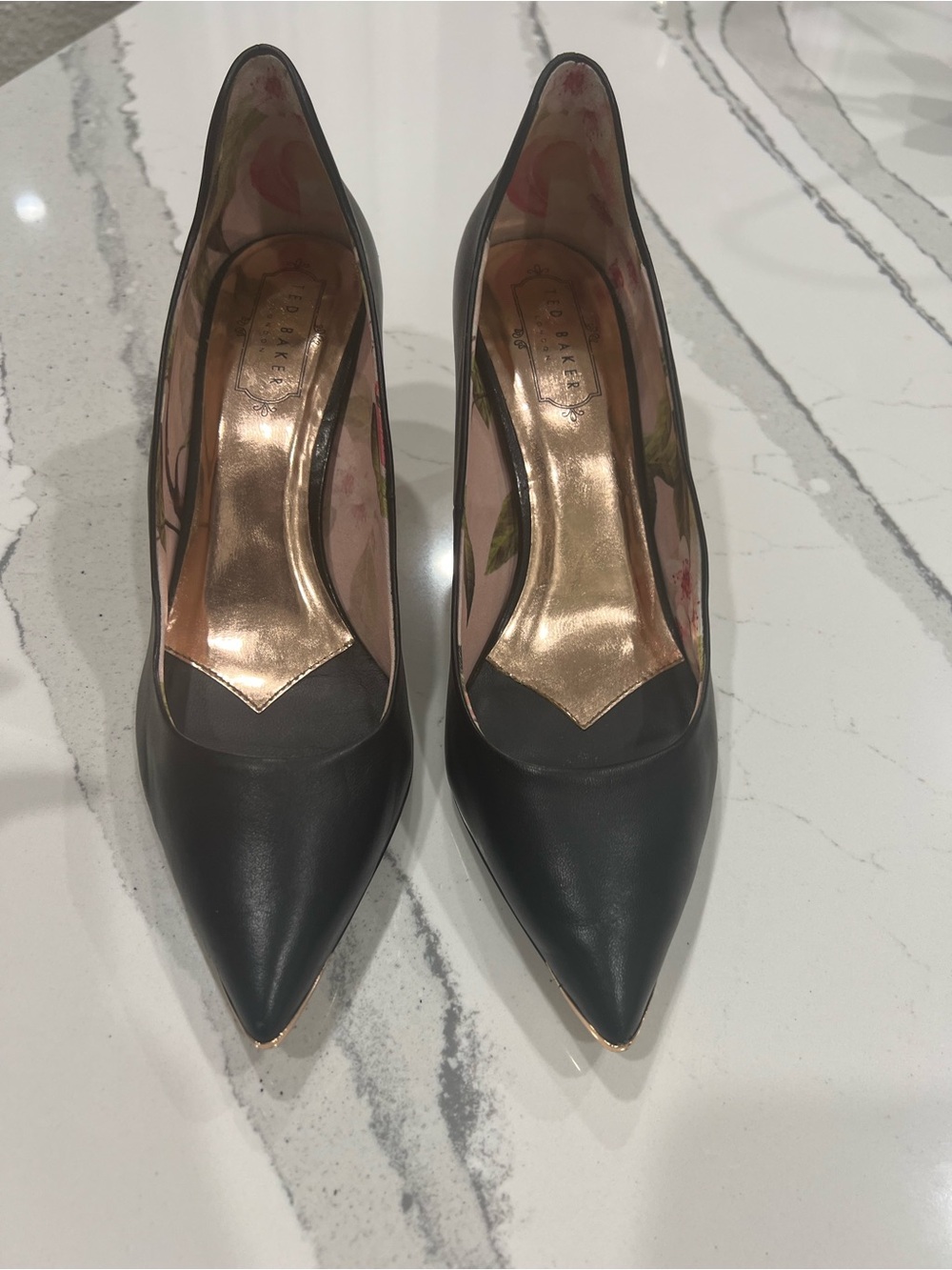 Ted Baker Black Leather Pointed Pumps with Rose Gold Trim